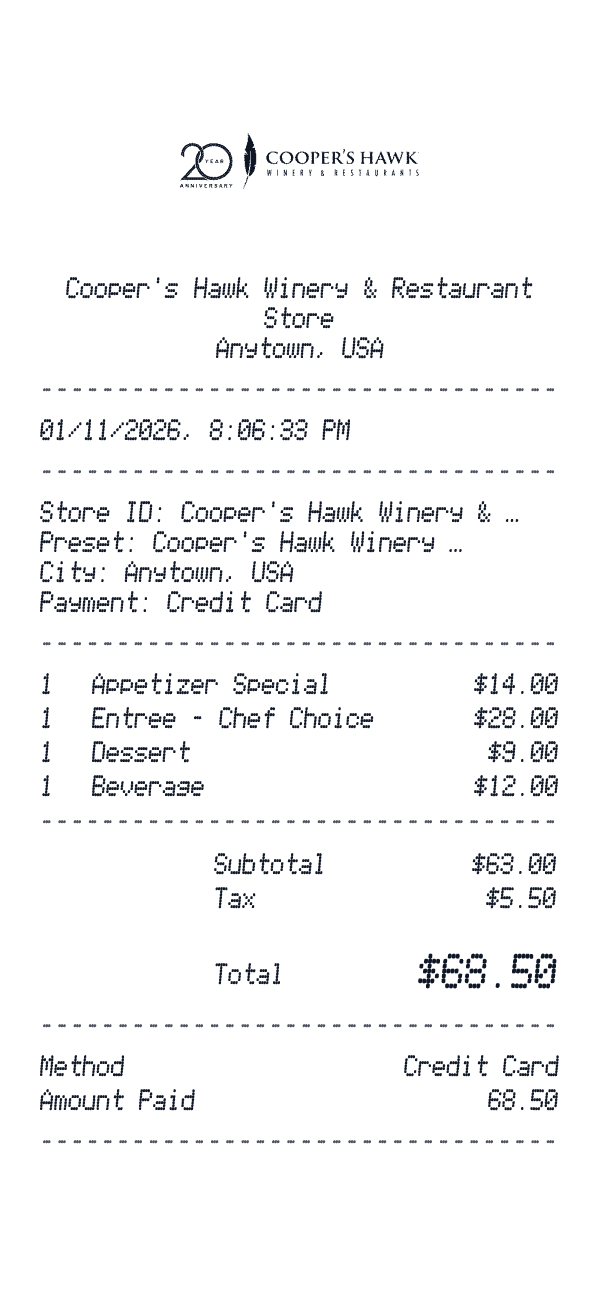Cooper's Hawk Winery & Restaurant receipt preview