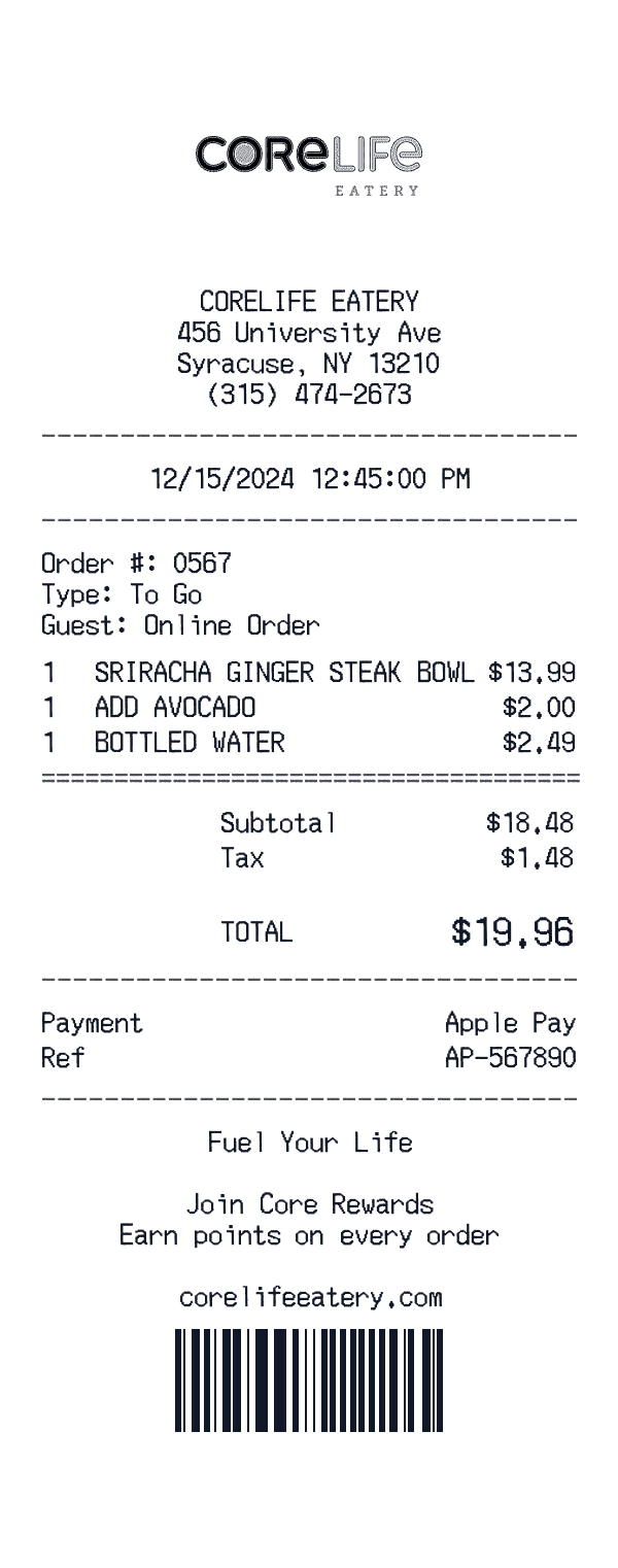 CoreLife Eatery receipt preview