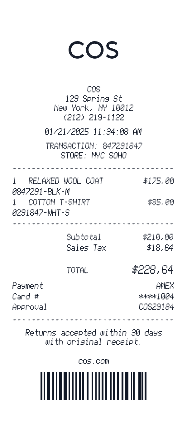 COS receipt template example - clothing receipt with itemized details, prices, and payment information