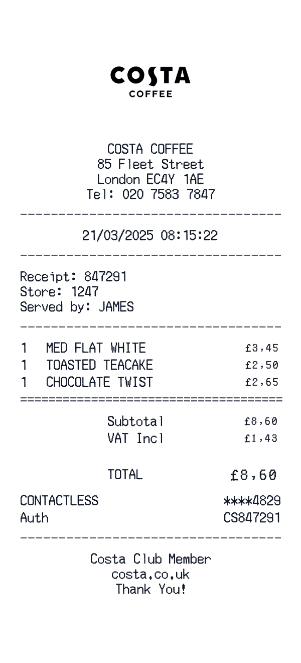 Costa Coffee receipt preview