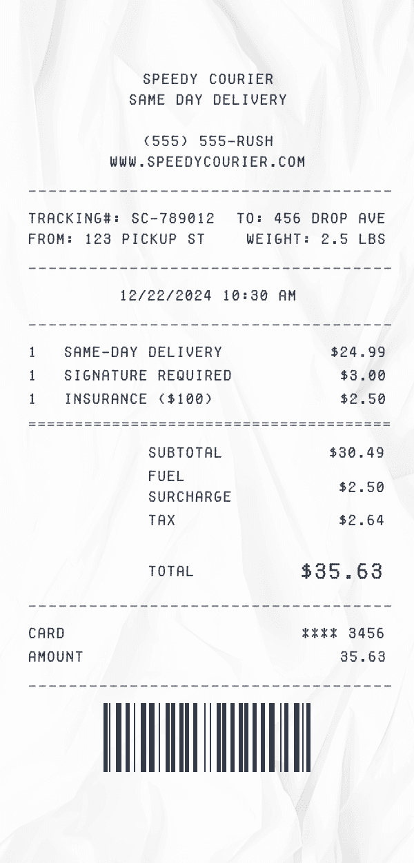 Courier Service Receipt receipt template example - generic templates receipt with itemized details, prices, and payment information