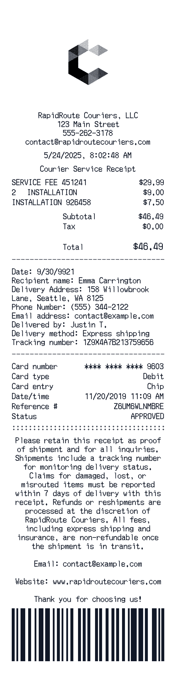 Courier Service receipt template example