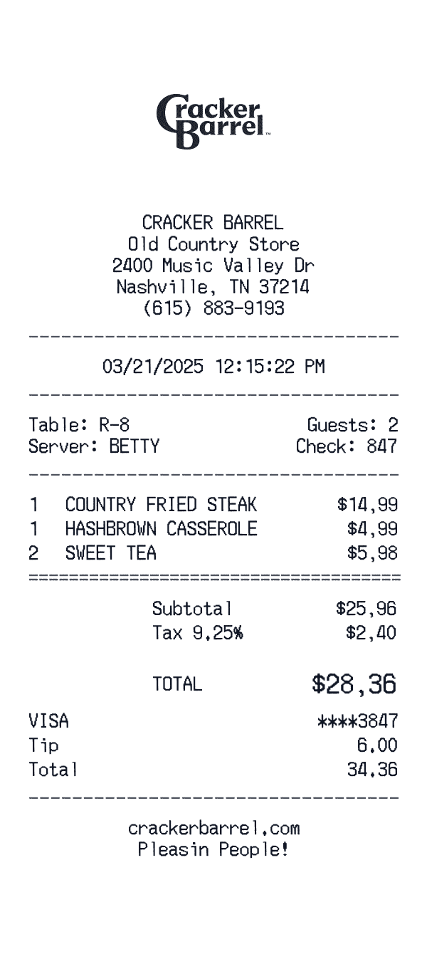 Cracker Barrel receipt preview