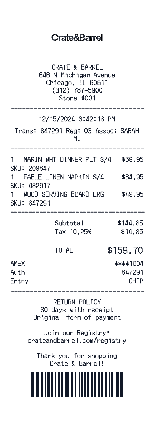Crate & Barrel receipt template example
