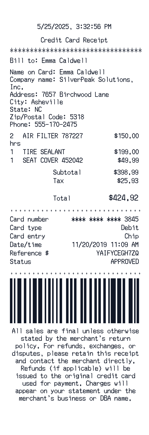 Credit Card receipt template generator preview