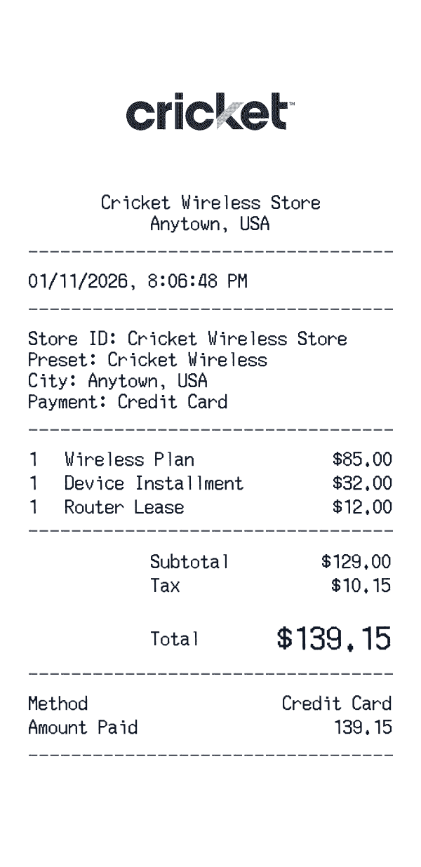 Cricket Wireless receipt template example