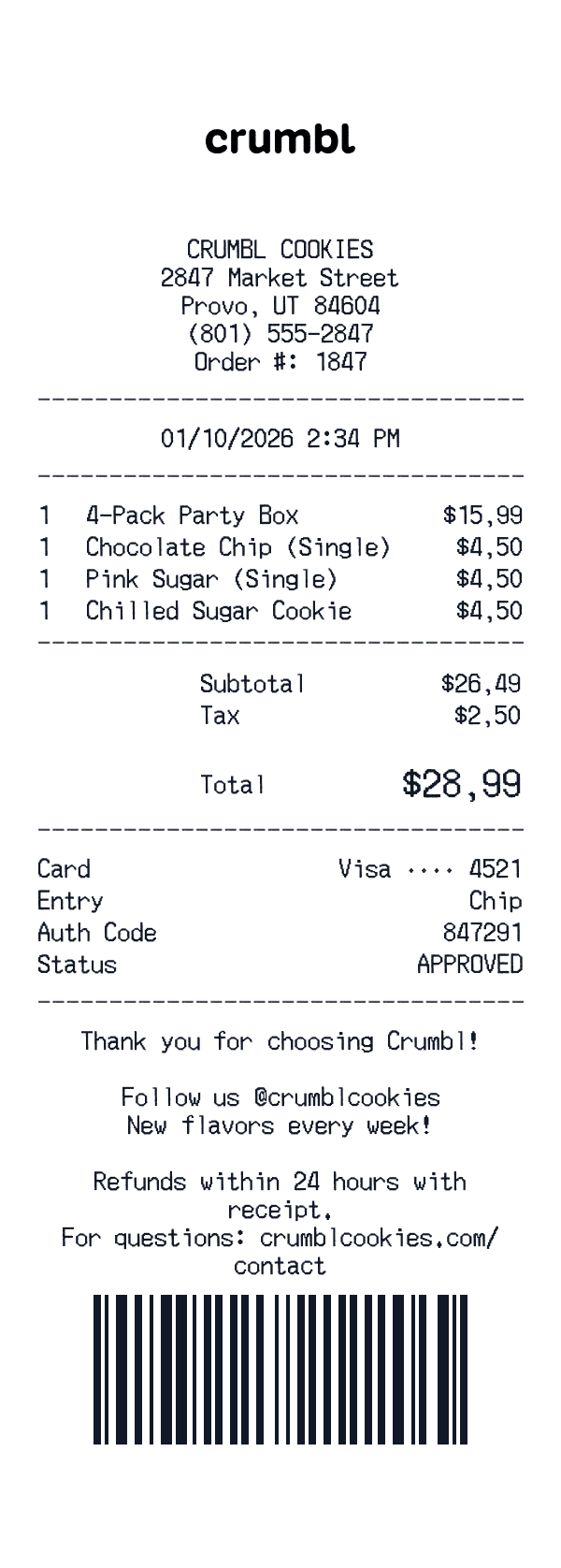 Crumbl Cookies receipt template example