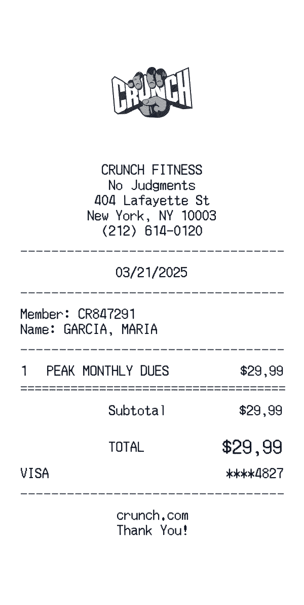 Crunch Fitness receipt template example