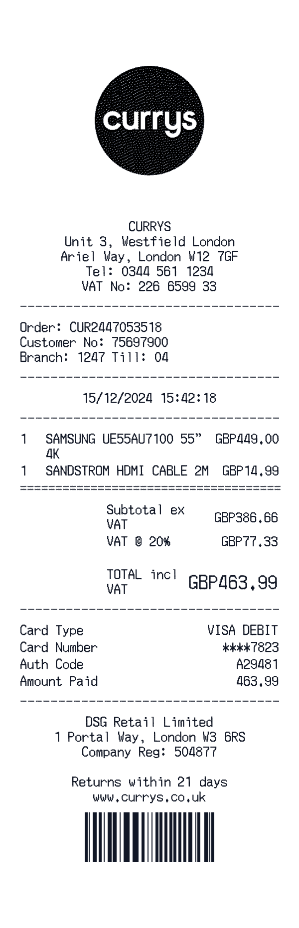 Currys receipt preview