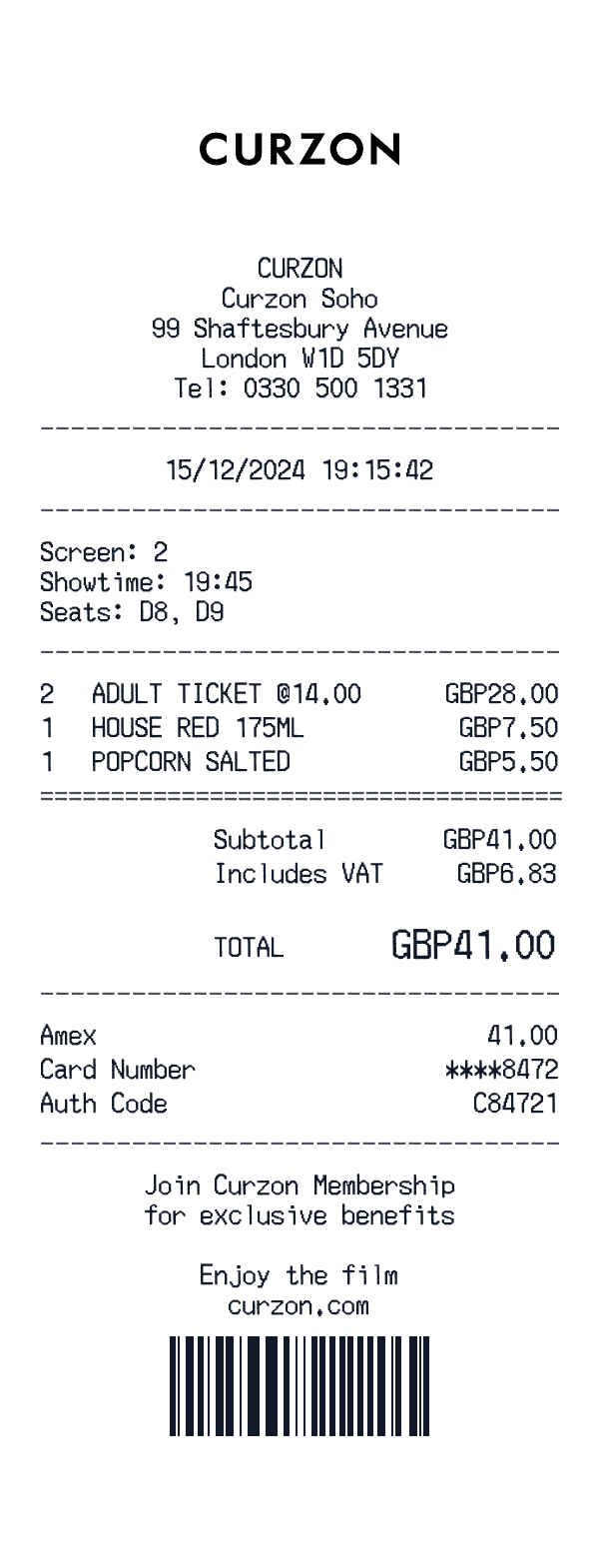 Curzon Cinemas receipt template example
