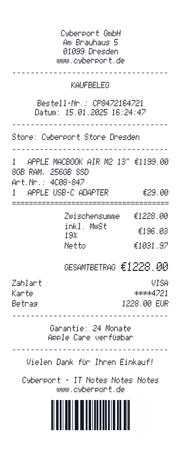 Cyberport receipt template example - electronics receipt with itemized details, prices, and payment information