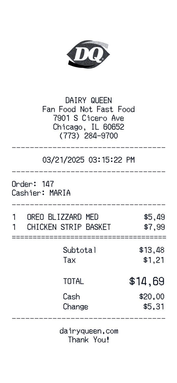 Dairy Queen receipt preview