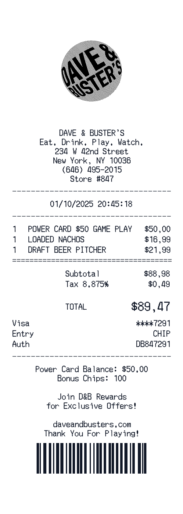Dave & Buster's receipt template example