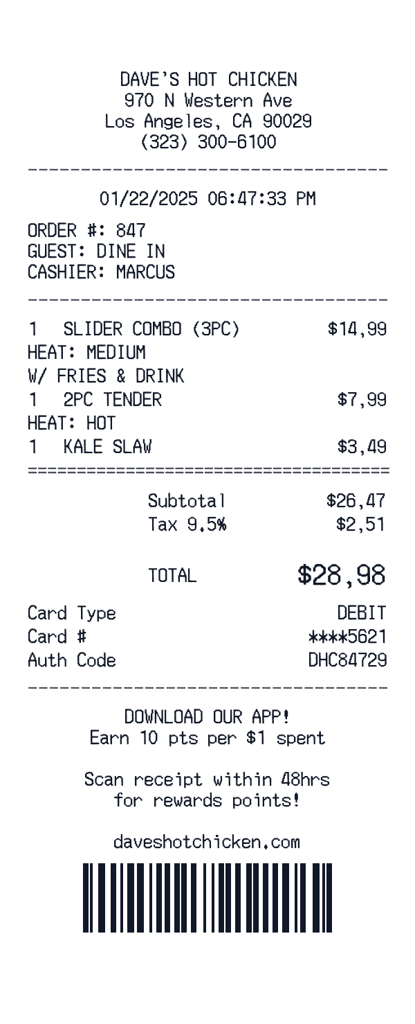 Dave's Hot Chicken receipt preview