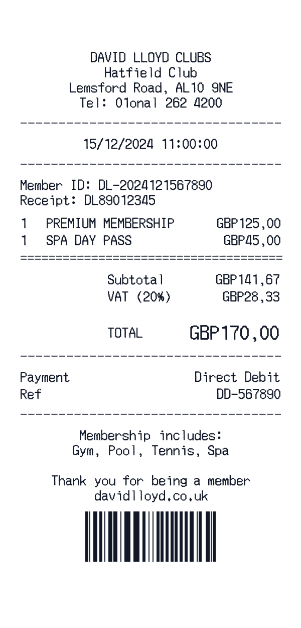 David Lloyd Clubs receipt template example