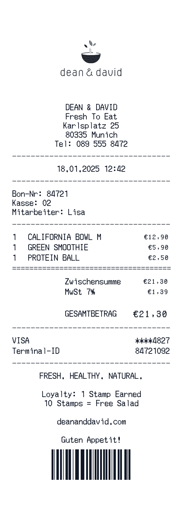 Dean & David receipt template example - fast food receipt with itemized details, prices, and payment information