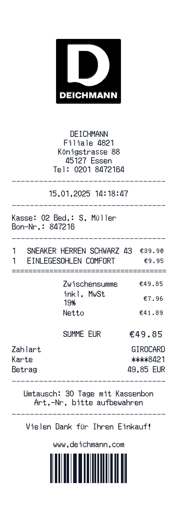 Deichmann receipt template example - clothing receipt with itemized details, prices, and payment information
