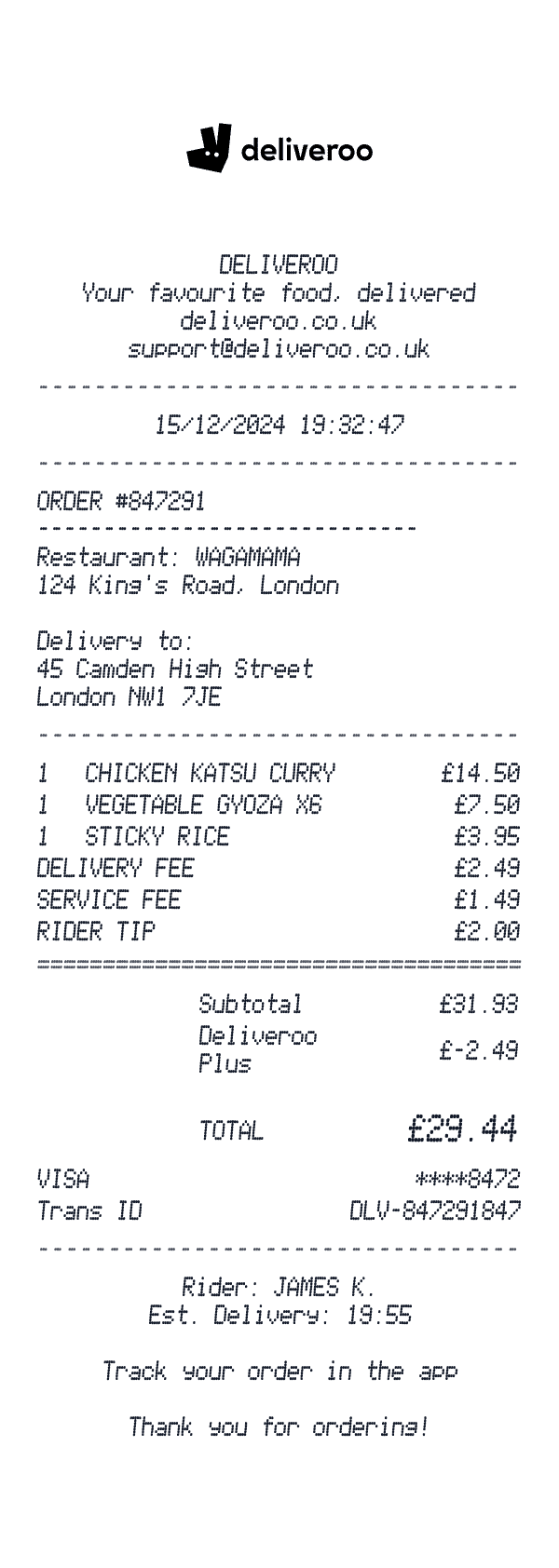 Deliveroo receipt template example