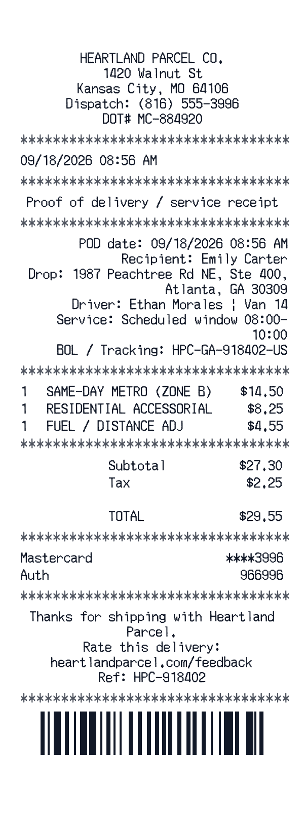 Delivery receipt template example