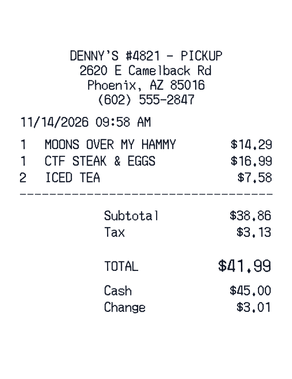 Denny’s PickUp Receipt receipt template example