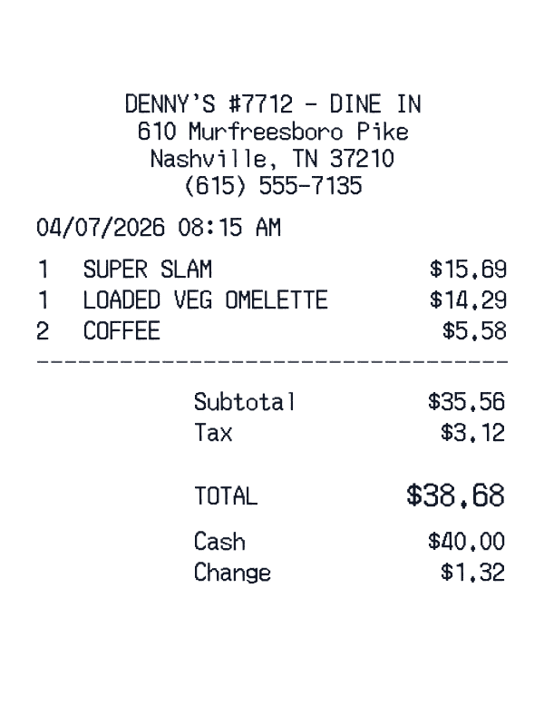 Denny’s Restaurant receipt template example