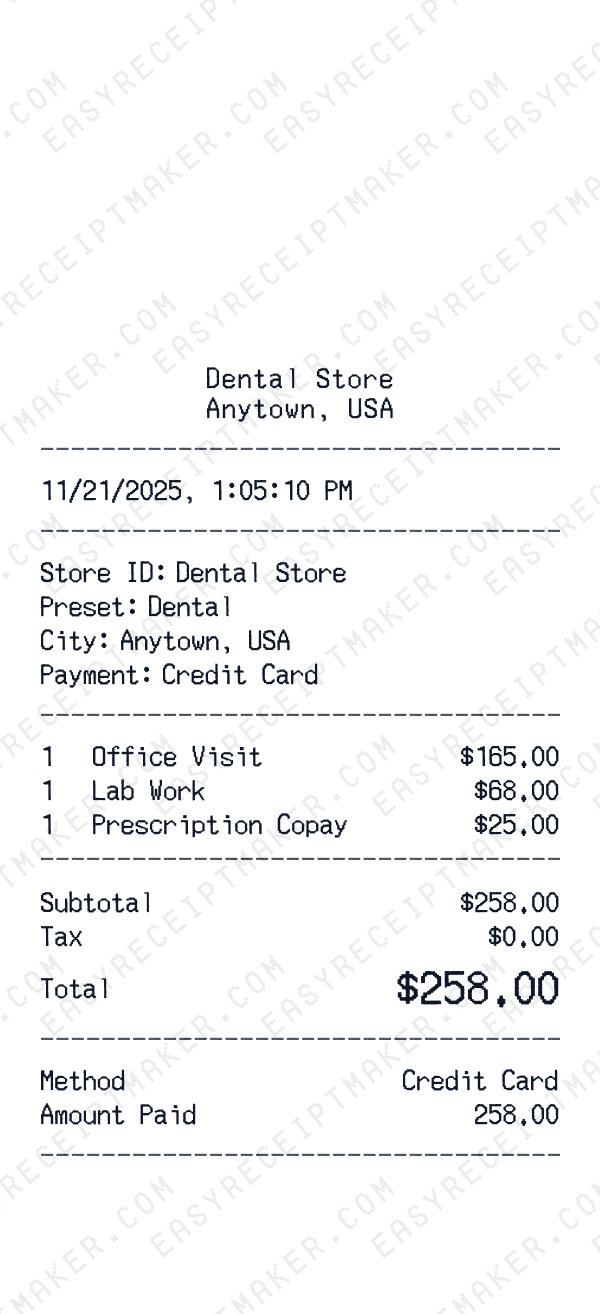 Dental receipt template example