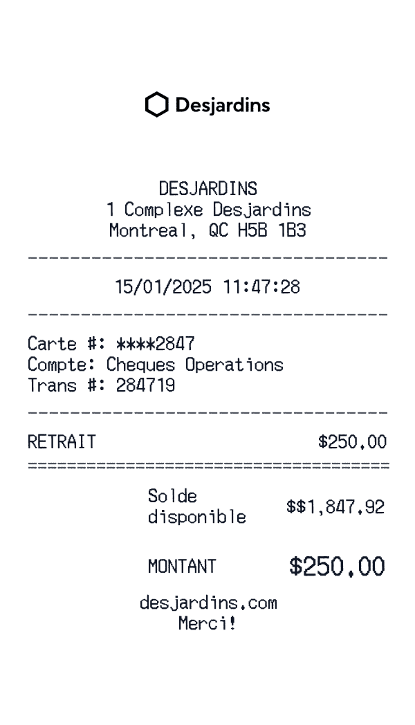 Desjardins receipt template example - other receipt with itemized details, prices, and payment information