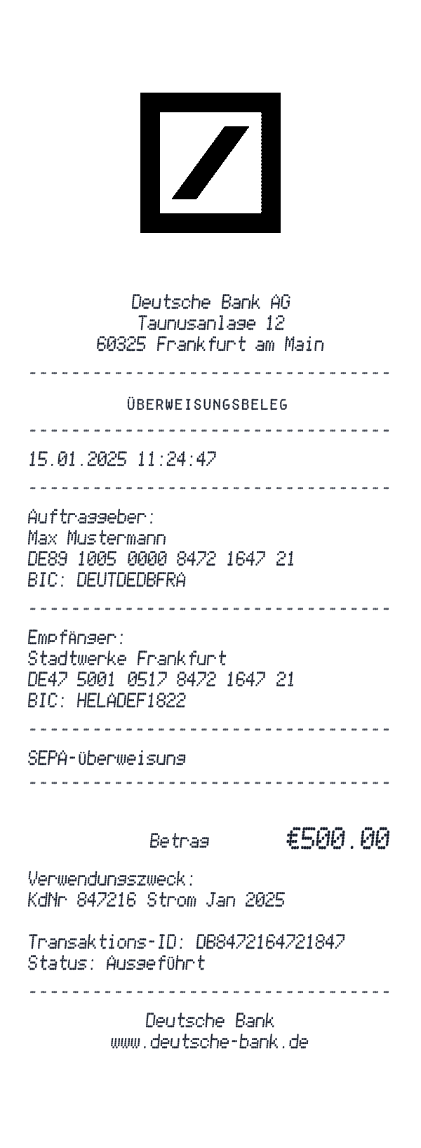 Deutsche Bank receipt template example - other receipt with itemized details, prices, and payment information
