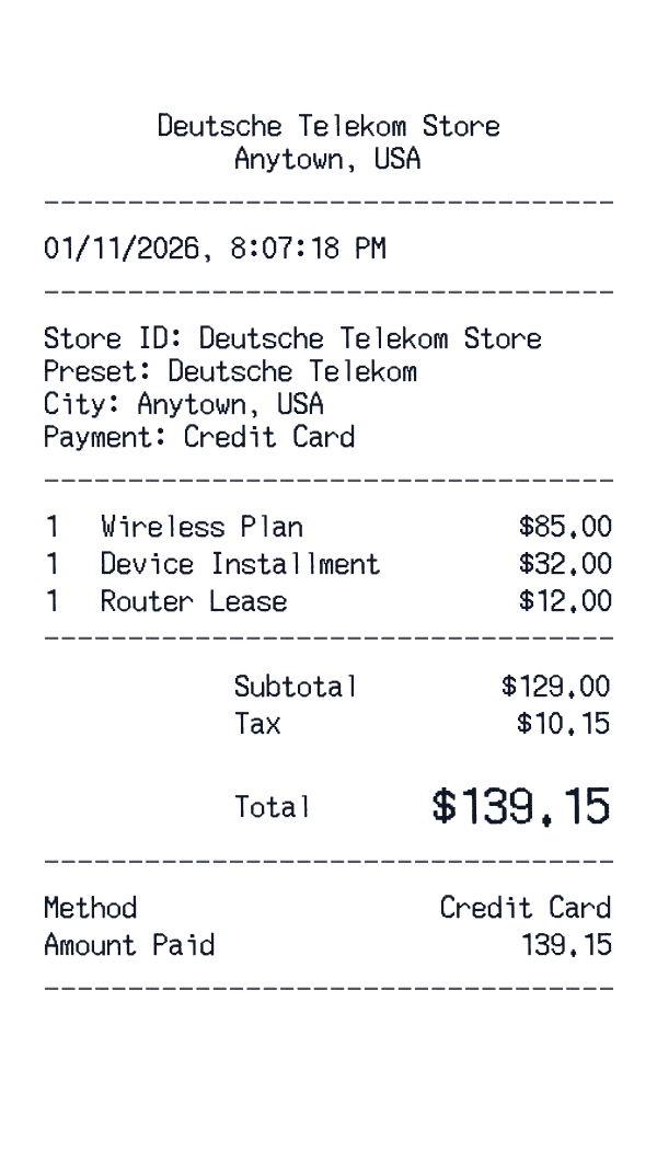 Deutsche Telekom receipt template example - telecom receipt with itemized details, prices, and payment information