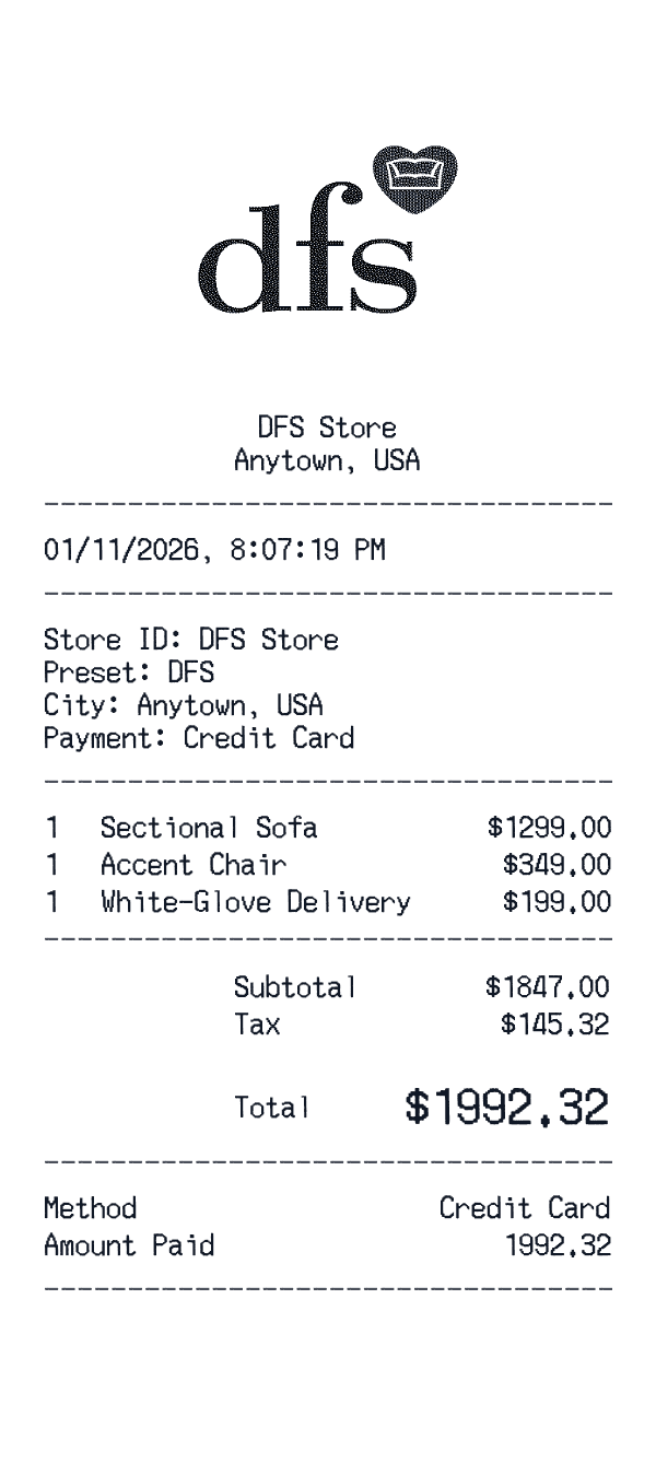 DFS receipt template example - furniture receipt with itemized details, prices, and payment information