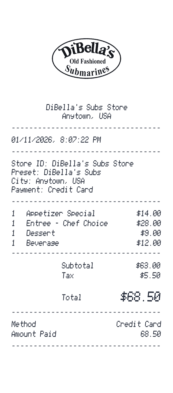 DiBella's Subs receipt preview