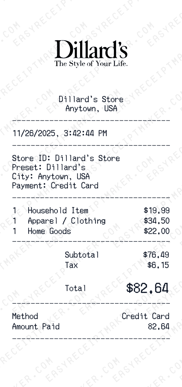 Dillard's receipt preview