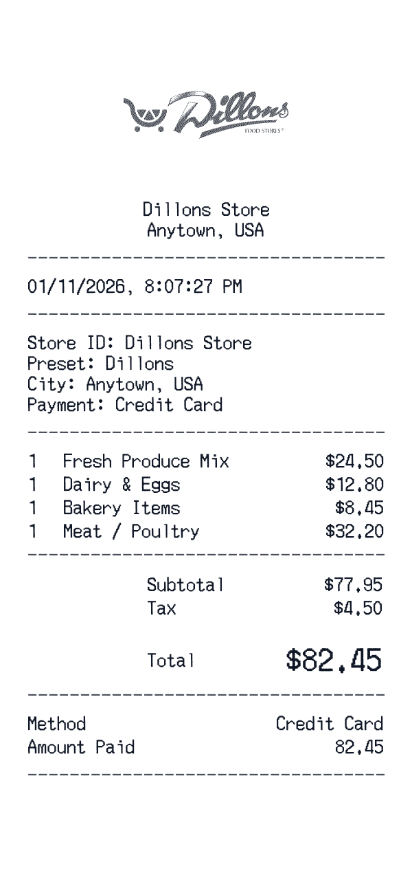 Dillons receipt template example - grocery receipt with itemized details, prices, and payment information