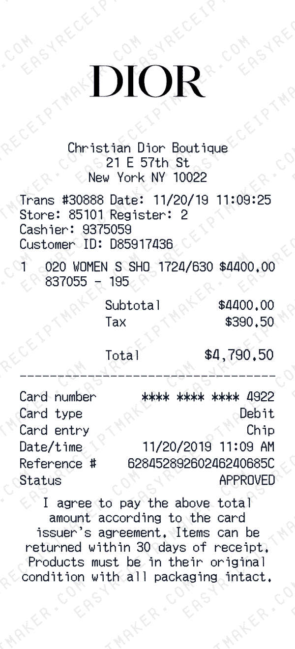Dior receipt preview