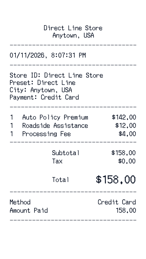 Direct Line receipt template example - insurance receipt with itemized details, prices, and payment information