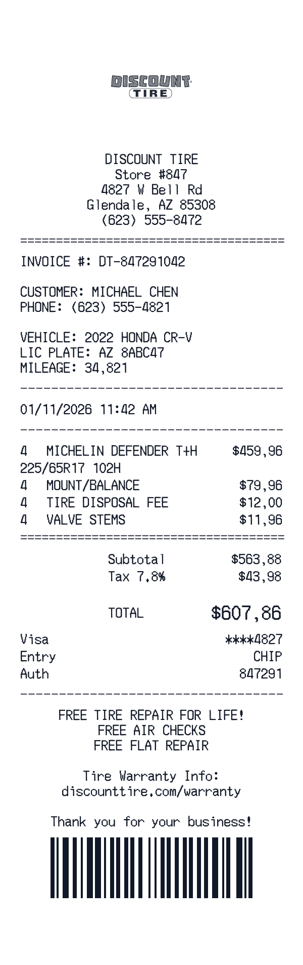 Discount Tire receipt template