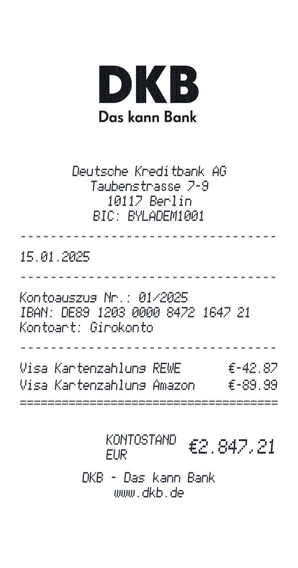 DKB receipt template example - banks receipt with itemized details, prices, and payment information