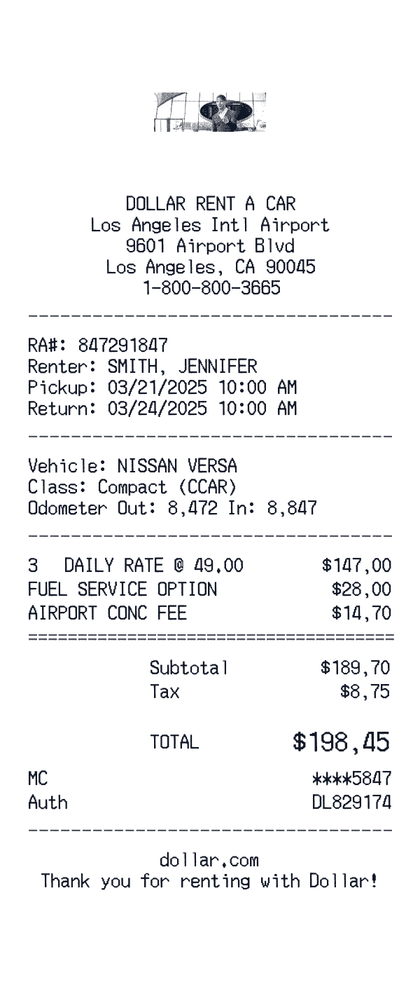 Dollar Rent A Car receipt template example