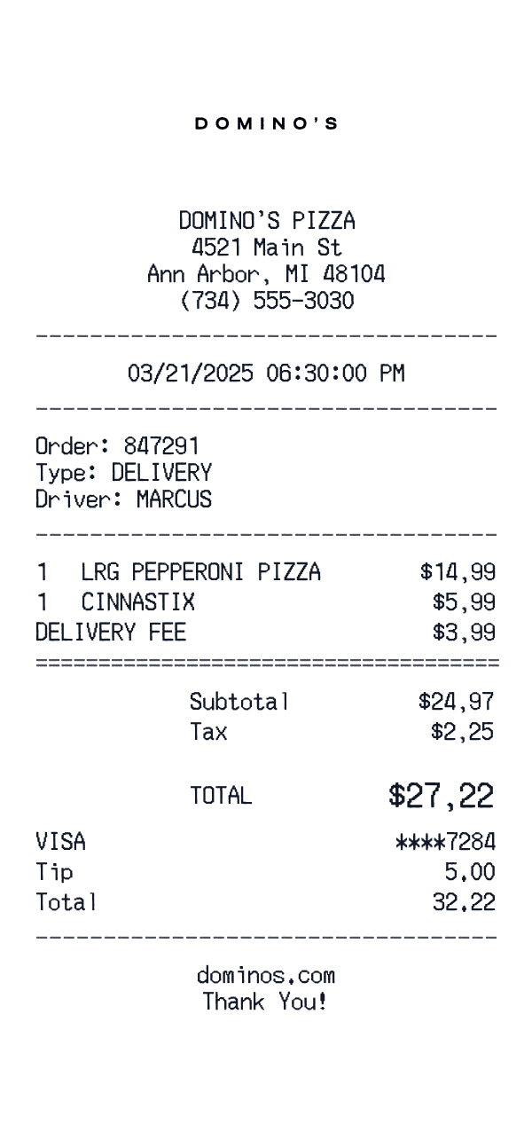 Domino's receipt template example
