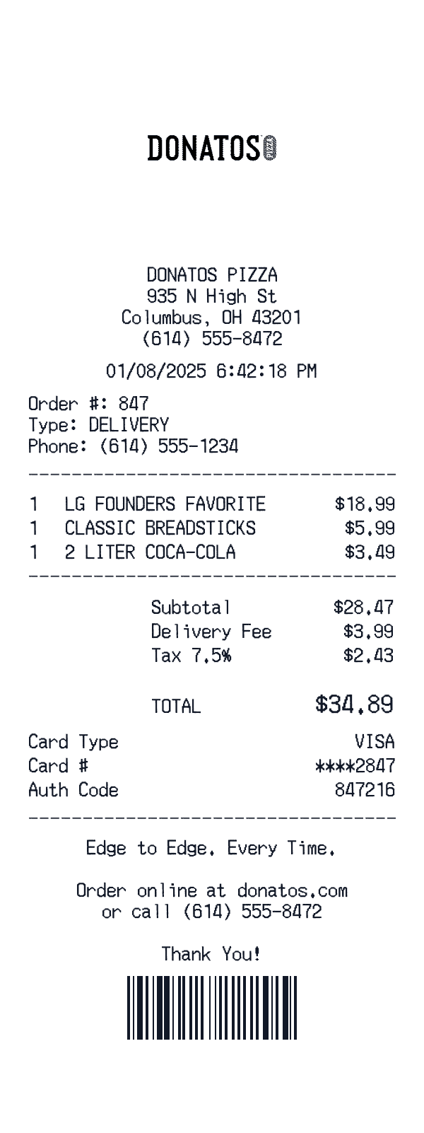 Donatos Pizza receipt preview