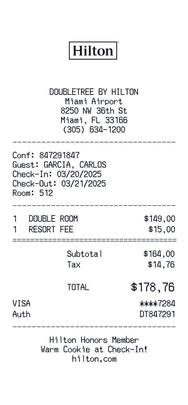 DoubleTree by Hilton receipt template example