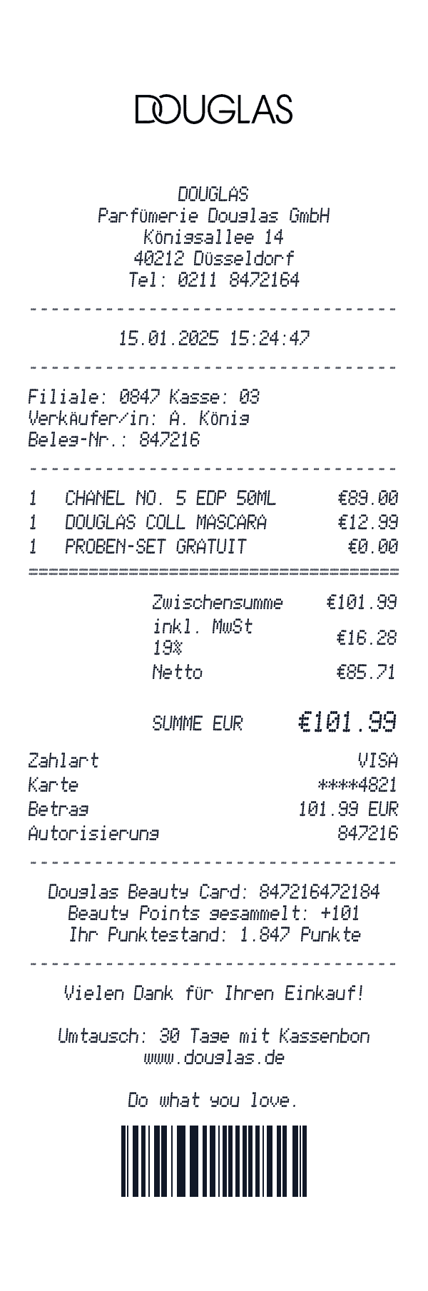 Douglas receipt template example - beauty receipt with itemized details, prices, and payment information
