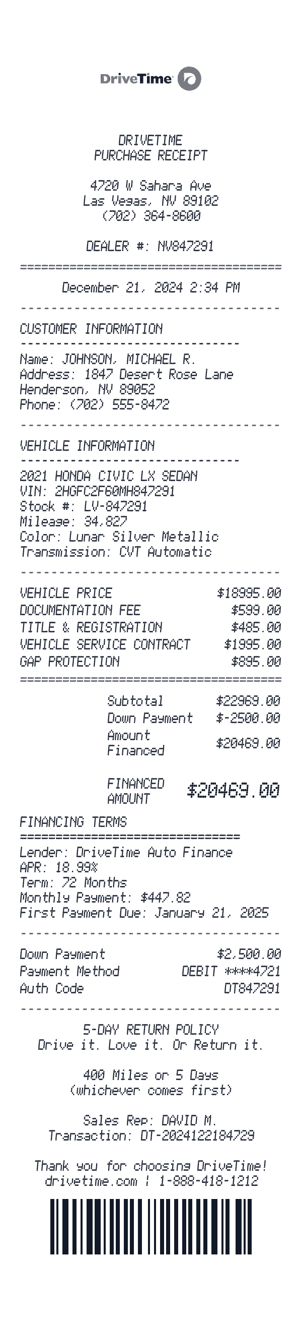 DriveTime receipt template example