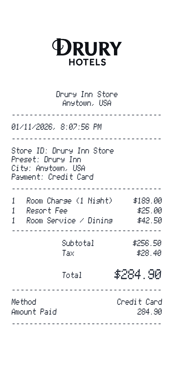 Drury Inn receipt preview
