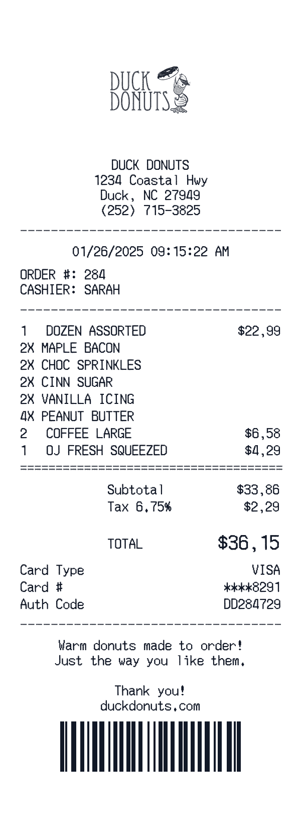 Duck Donuts receipt preview