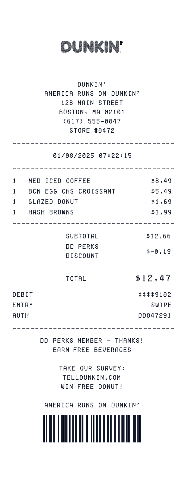 Dunkin' receipt template example