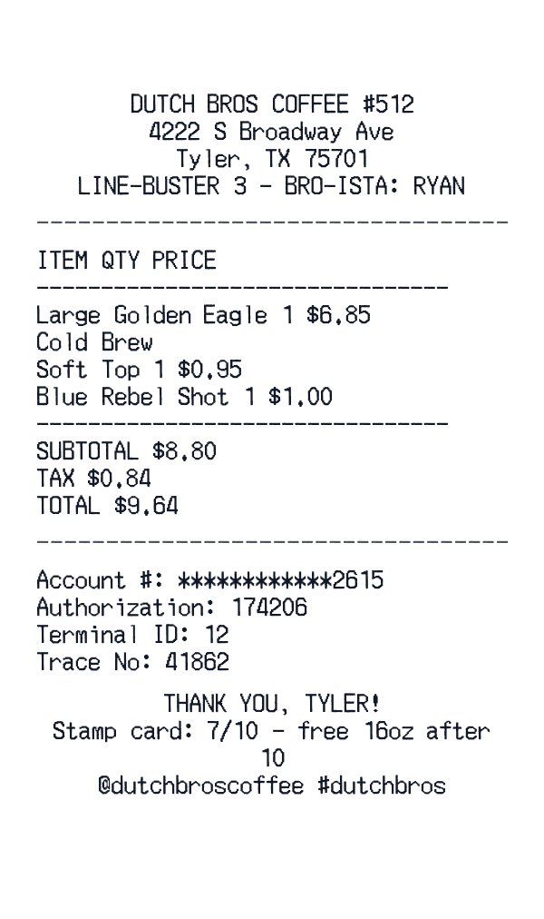 Dutch Bros Coffee receipt template generator preview
