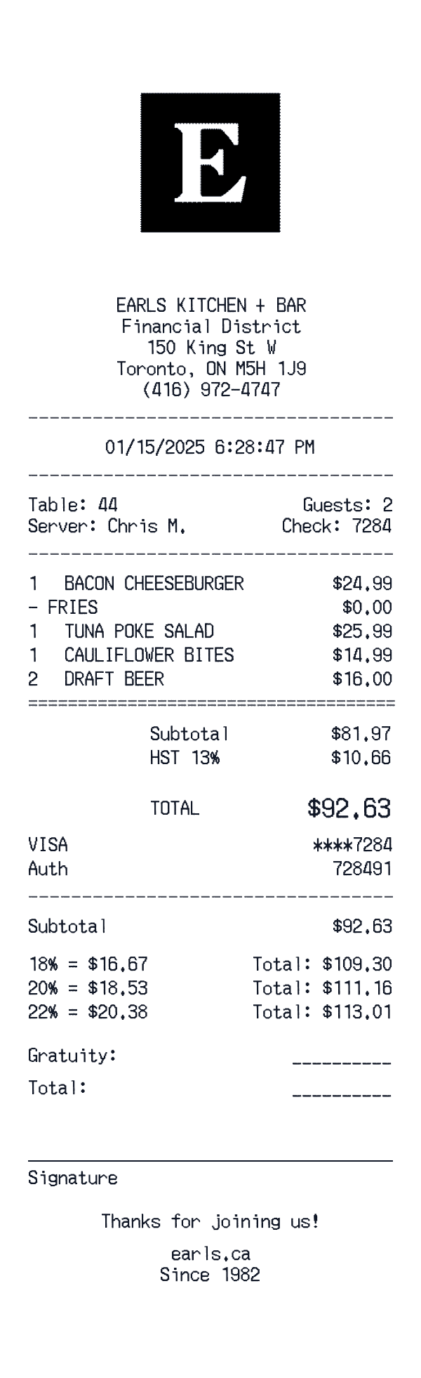 Earls Kitchen + Bar receipt template example - restaurant receipt with itemized details, prices, and payment information