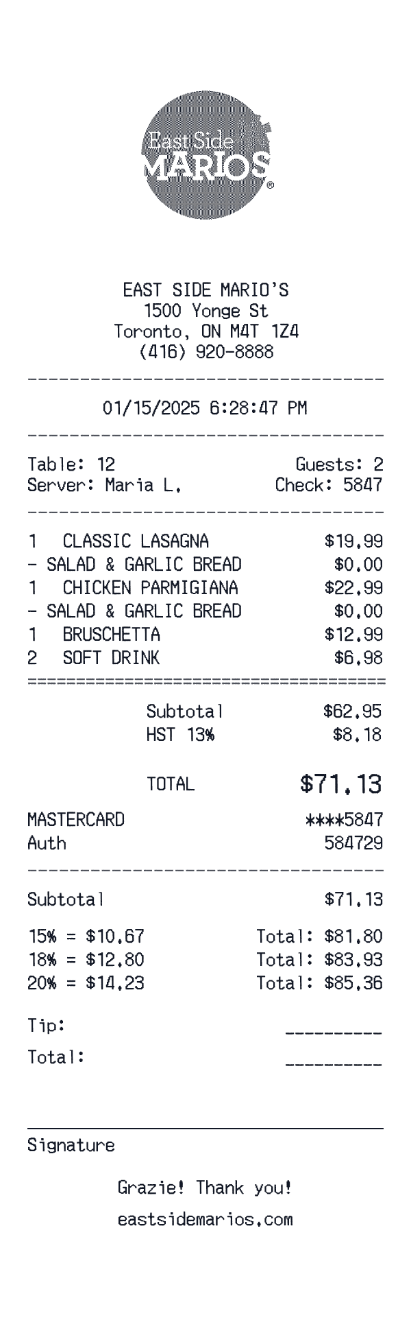 East Side Mario's receipt template example - restaurant receipt with itemized details, prices, and payment information