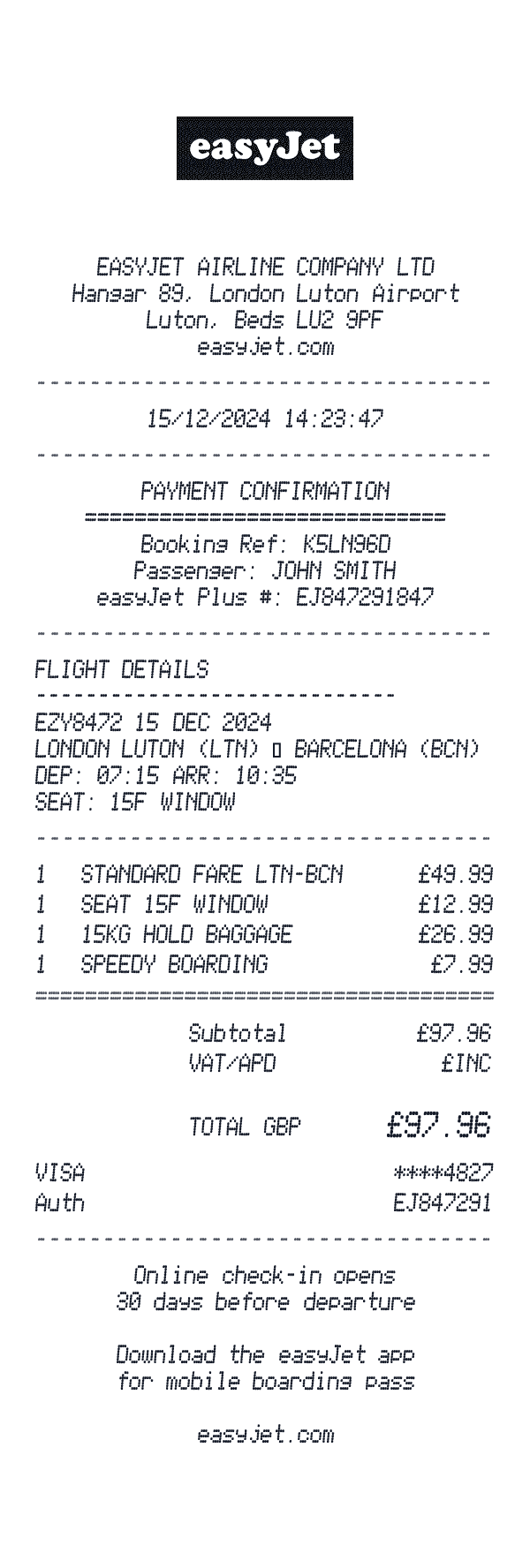 easyJet receipt template example